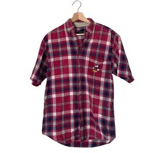 The Disney Store Vintage Mickey Mouse Red Plaid Button Down Short Sleeve Shirt M